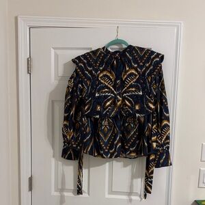 Navy & Gold Patterned Long-Sleeve Blouse